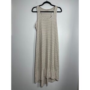 EILEEN FISHER Racerback Tank Midi Dress XS Tan White Striped 100% Linen Coastal